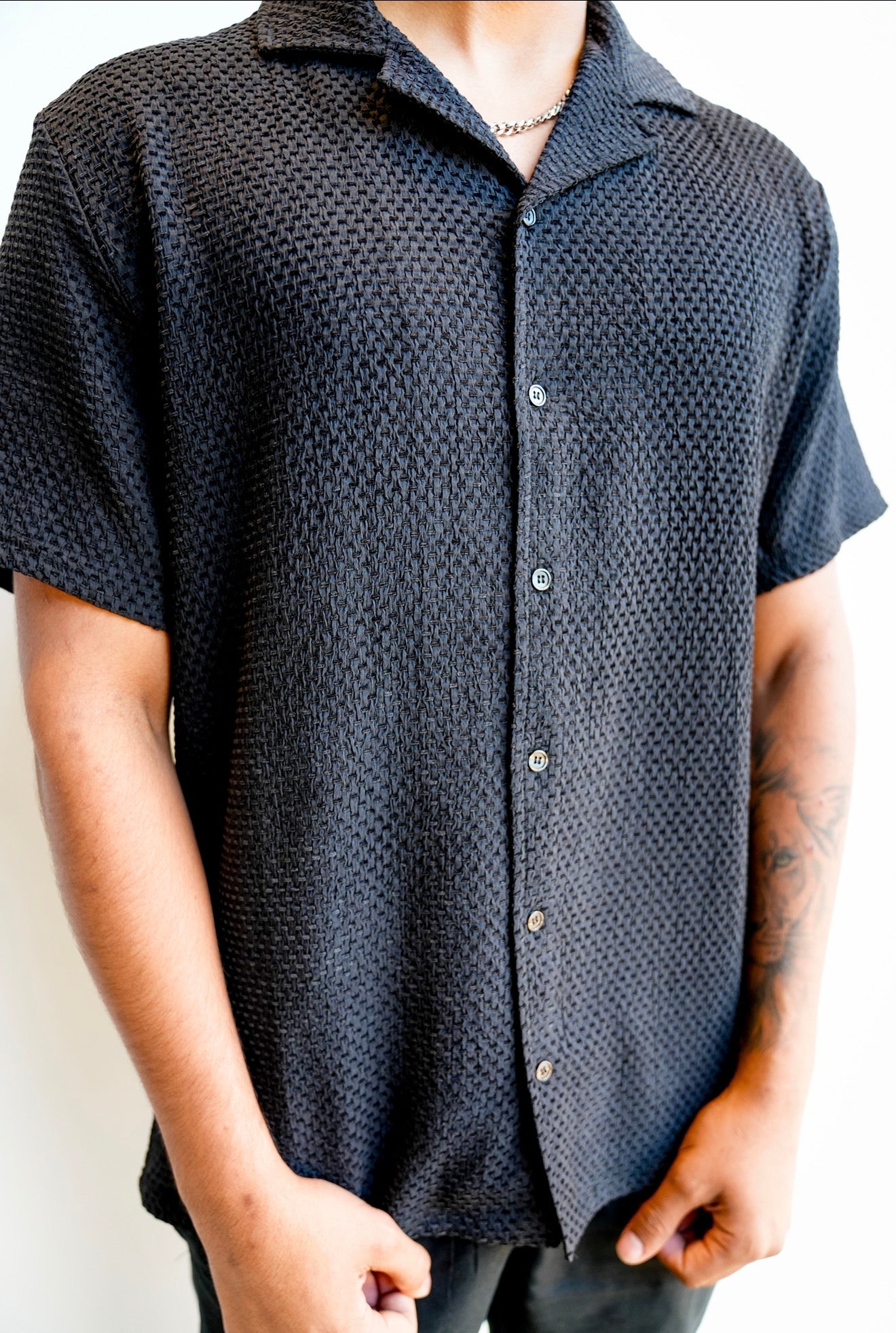 Black Textured Button Down